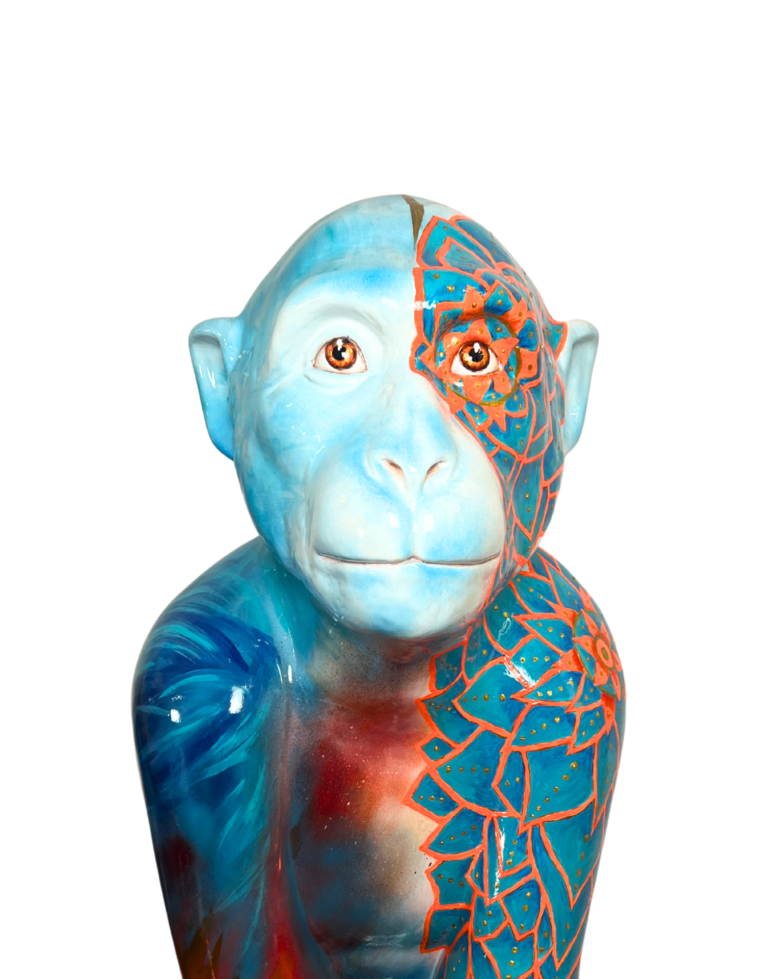 Aligned Angelique — a blue Barbary Macaque sculpture with ornate coral and gold patterns