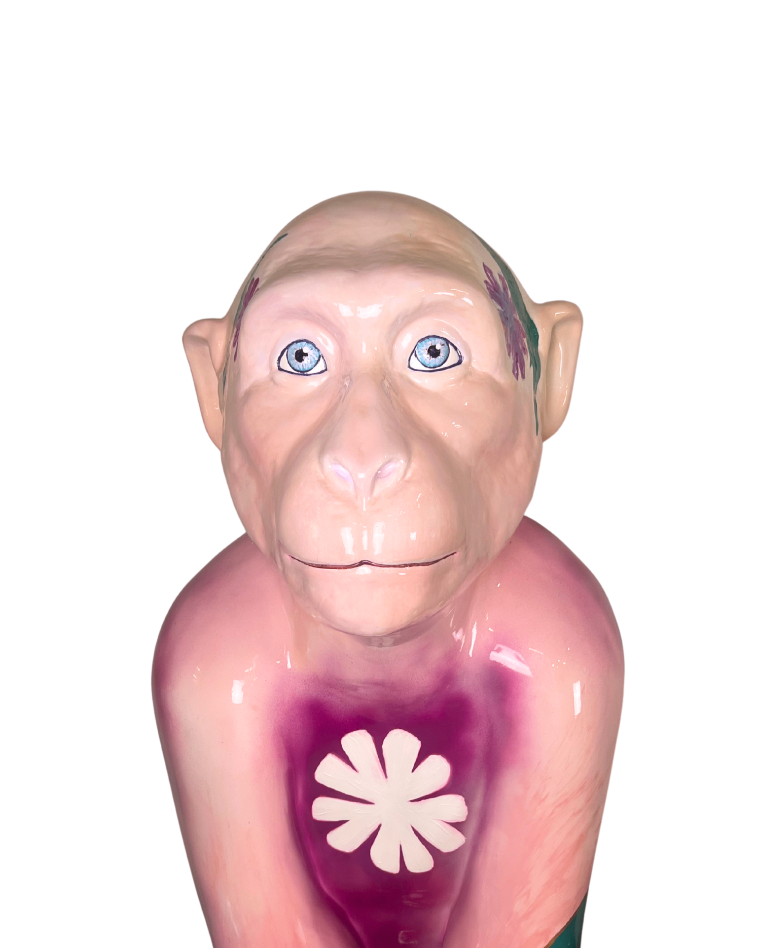 Campion Coco — a pink Barbary Macaque sculpture with a white flower on its chest