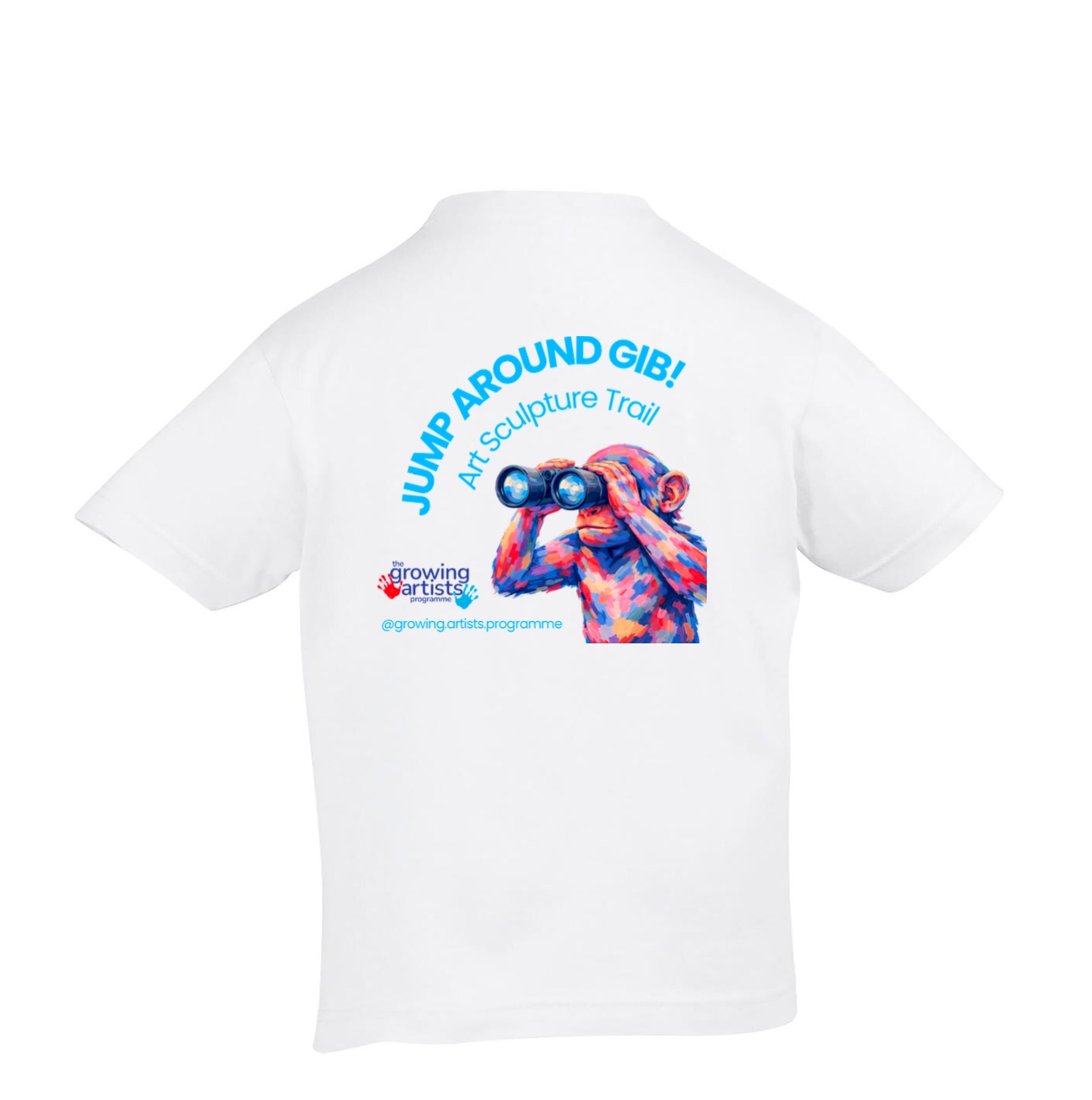 White Jump Around Gib Art Sculpture Trail t-shirt featuring a colourful Barbary Macaque with binoculars