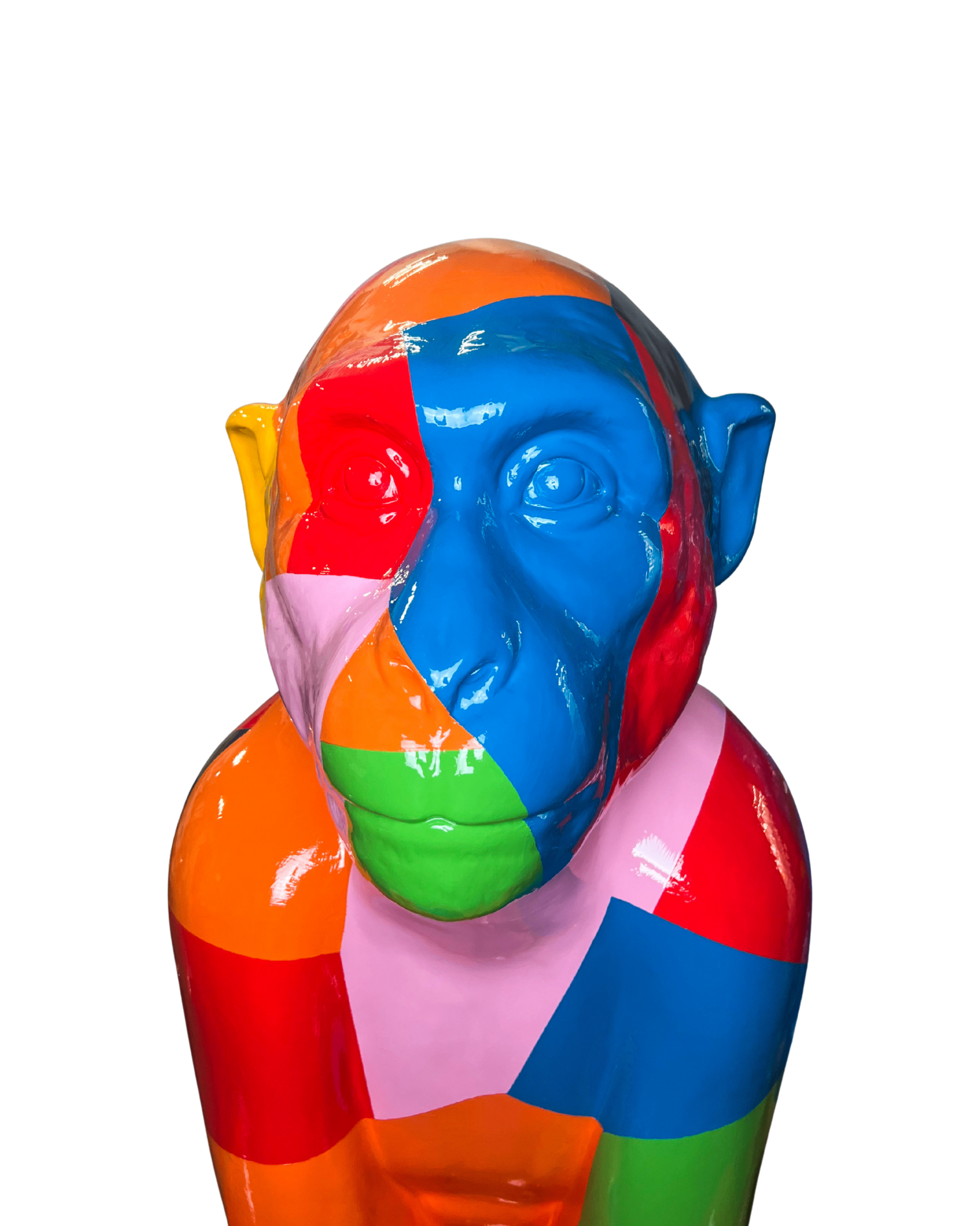 Princess Rainbow — a vibrant multicolour Barbary Macaque sculpture with bold patchwork colour blocks
