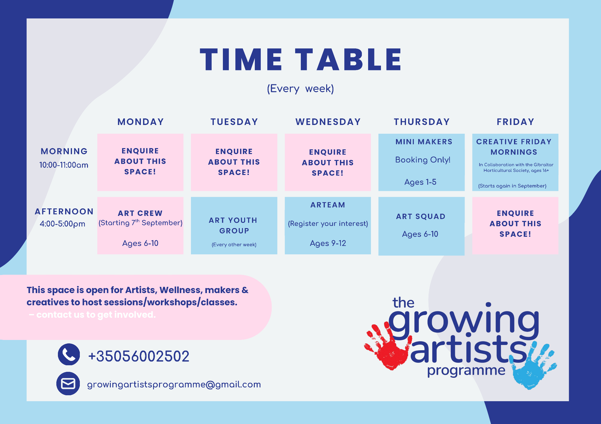 Growing Artists Programme weekly timetable showing Monday to Friday morning and afternoon sessions