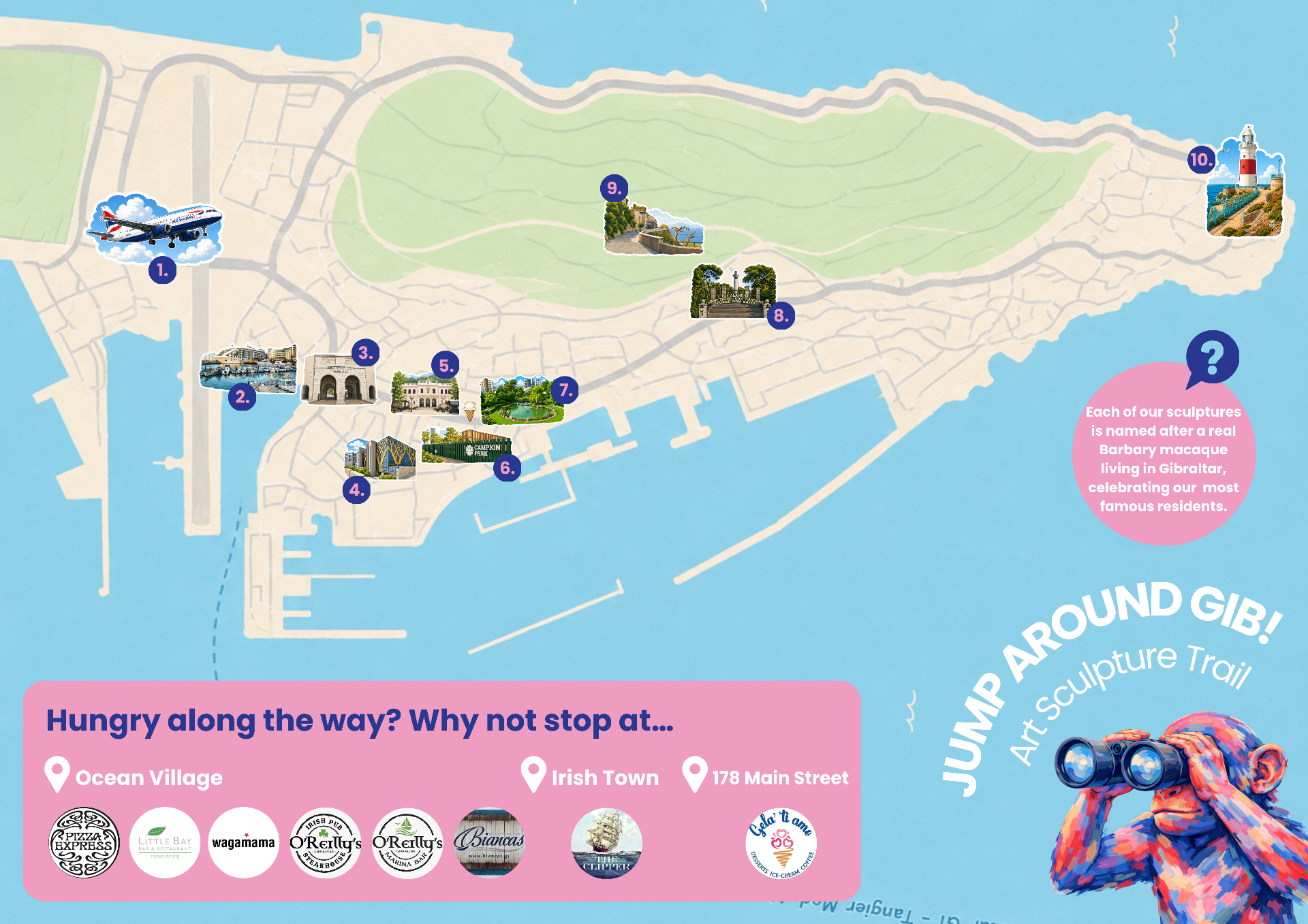 Jump Around Gib art sculpture trail map of Gibraltar with 10 numbered locations