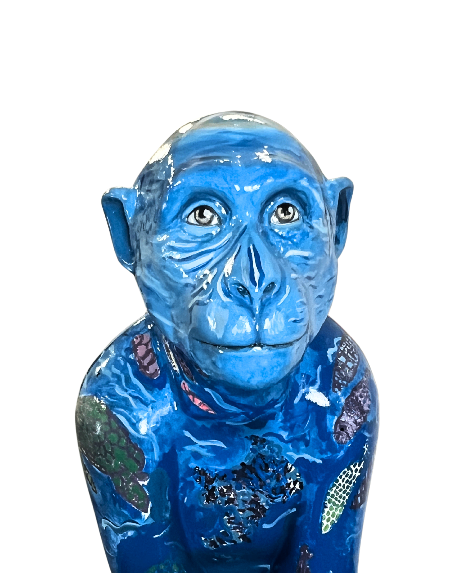 Captain Paul — a painted blue Barbary Macaque sculpture with sea and nature details