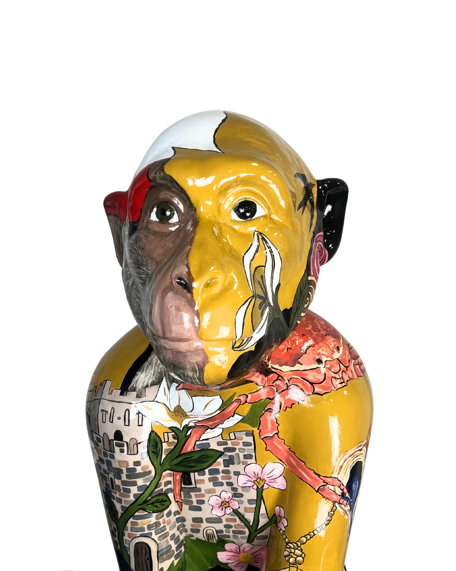 Easel Elin — a yellow Barbary Macaque sculpture with Moorish castle, flowers and butterfly details