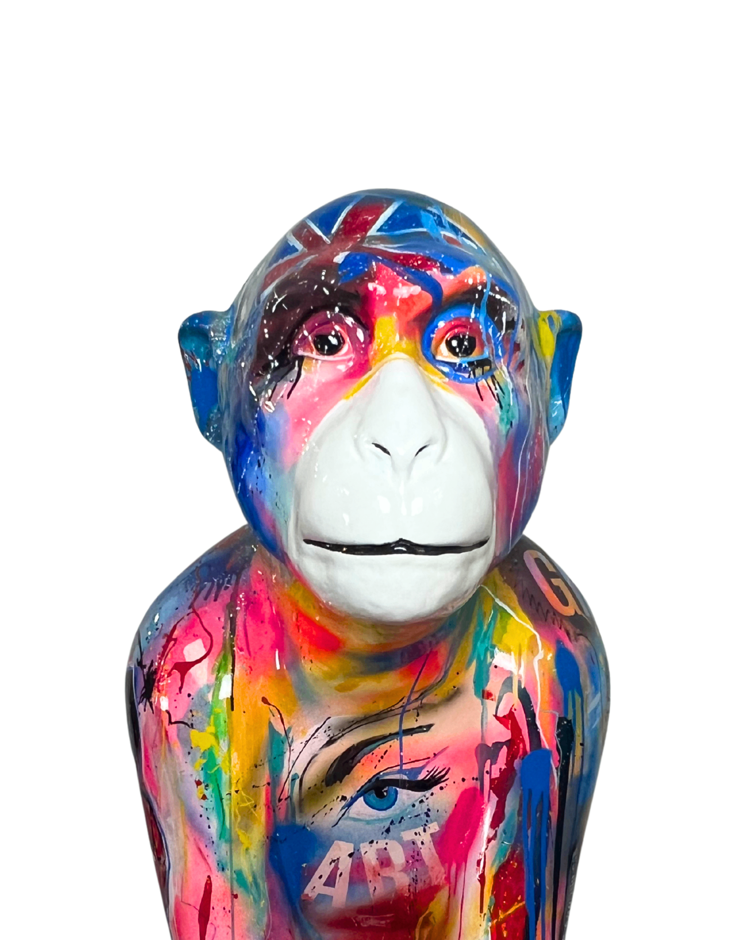 Jubilee Jackson — a vibrant multicolour Barbary Macaque sculpture with a Union Jack and eye motif