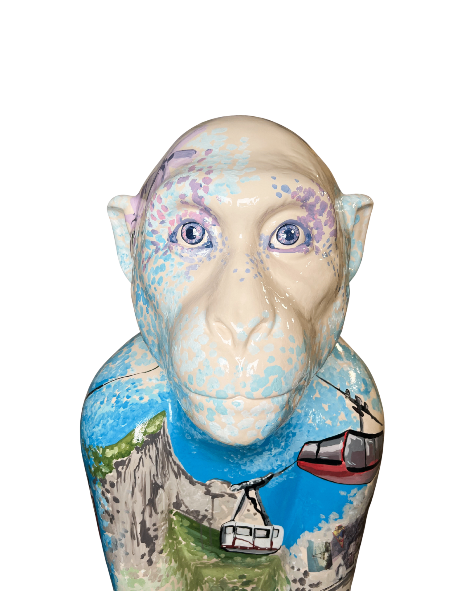 Navigator Nelson — a Barbary Macaque sculpture with pastel speckled face and Gibraltar cable car and Rock scenery