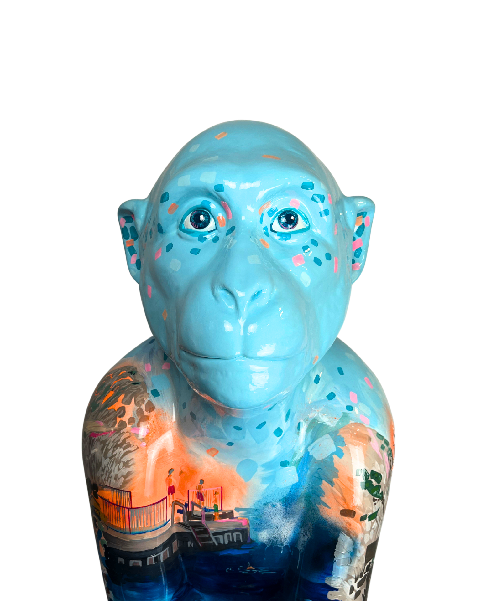 Scrappy's Welcome — a light blue Barbary Macaque sculpture with a sunset seascape and pier scene