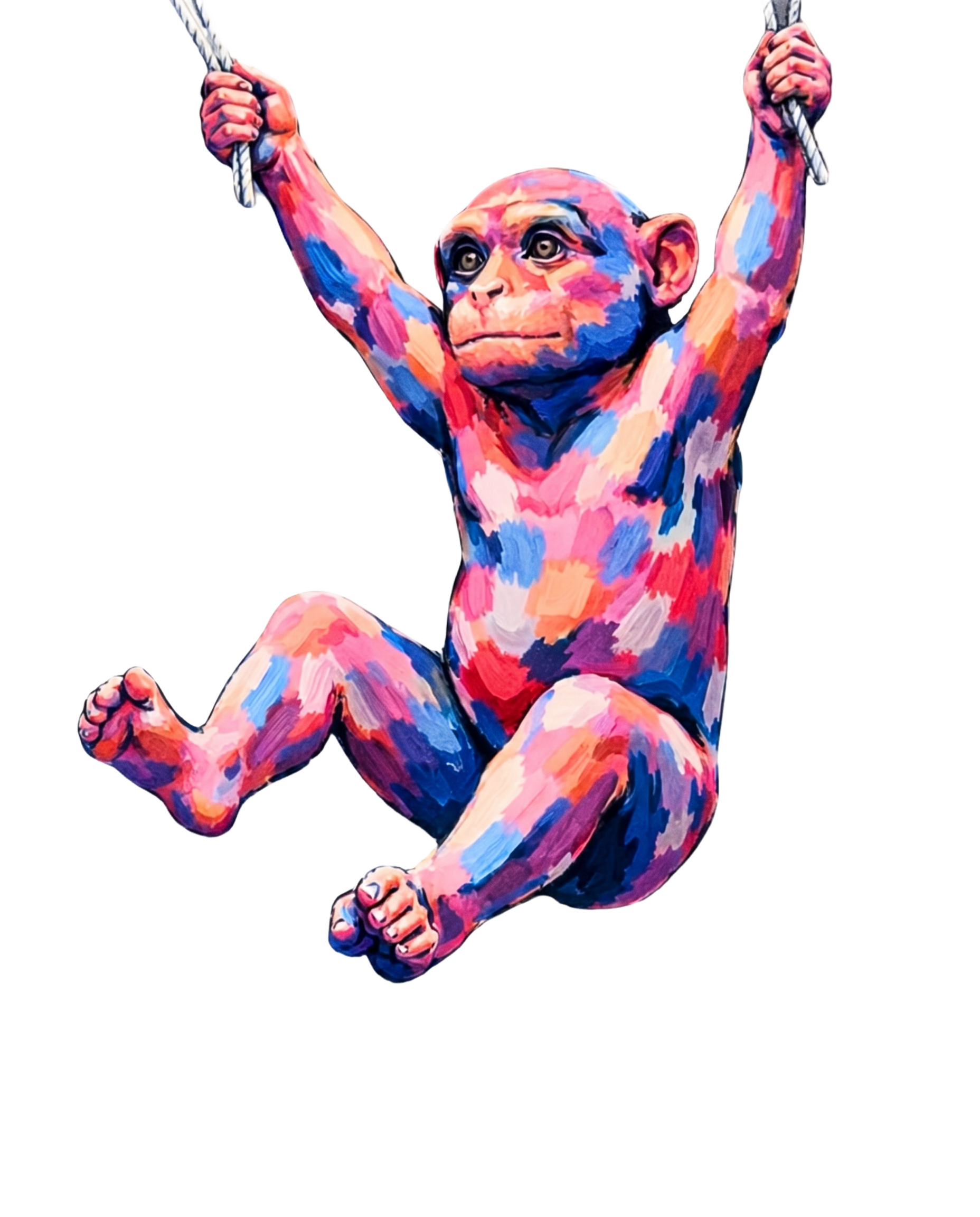 Colourful Barbary Macaque mascot hanging from a rope