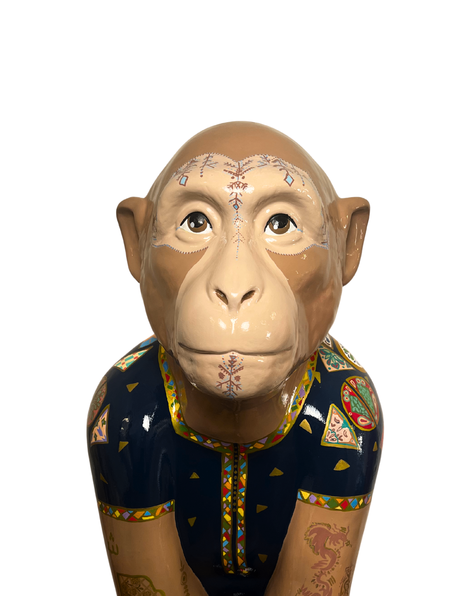 Earthy Esmeralda — a Barbary Macaque sculpture with intricate cultural patterns and a navy vest